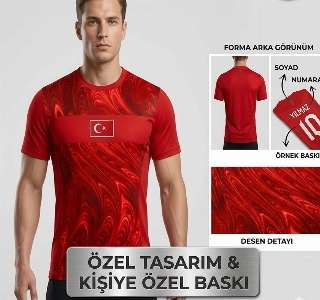 hizmet İsme Özel Milli Takım Taraftar Forması - Kırmızı Modern Desenli